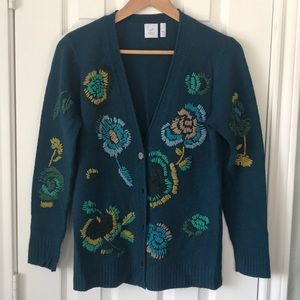 Embroidered wool blend knit cardigan